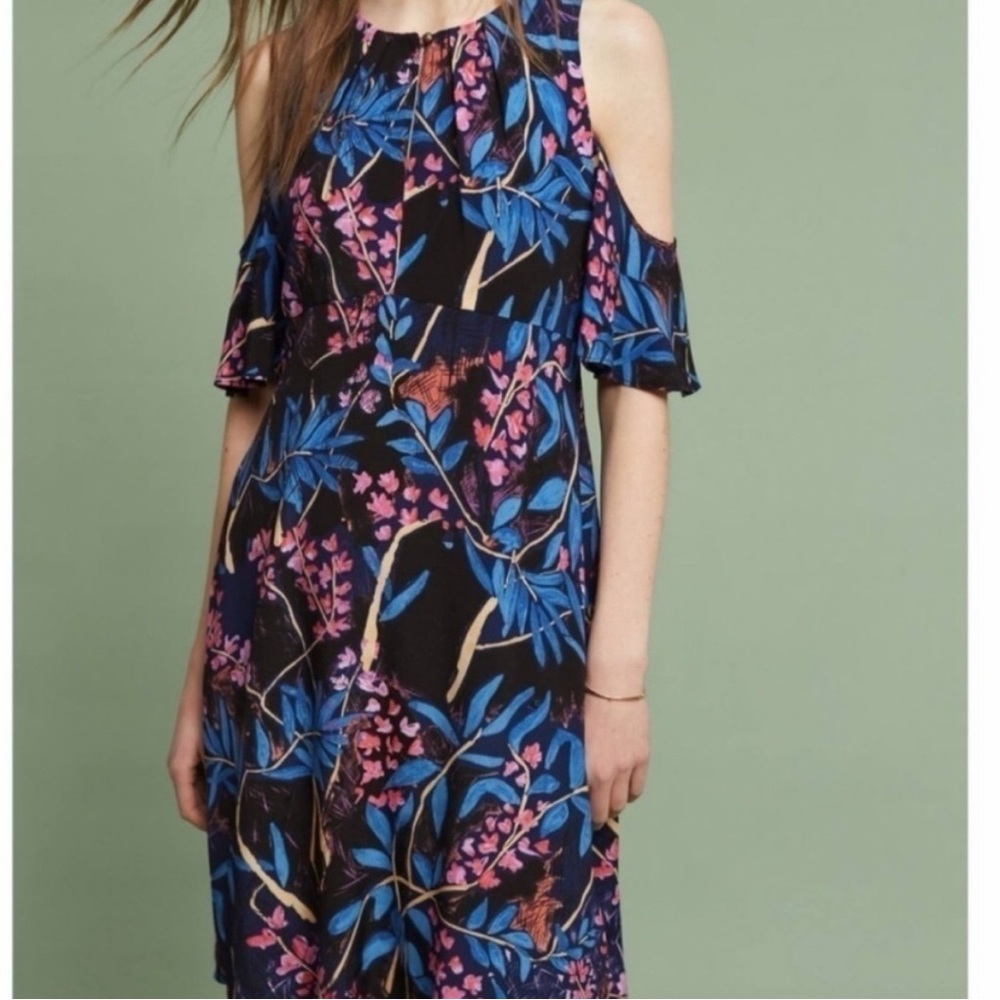 Anthropologie Maeve Elia Multicolor Floral Cold Shoulder Swing Dress - Picture 3 of 11